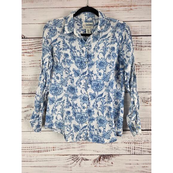 Rachel Zoe Button Front Top M Womens 100% Linen White Blue Floral Long Sleeve - Picture 1 of 7